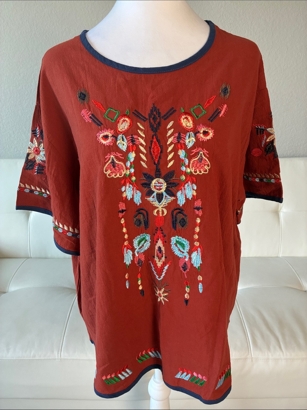 Stunning Embroidered Floral Short Sleeve Boho Blouse in Rust, Cotton Linen